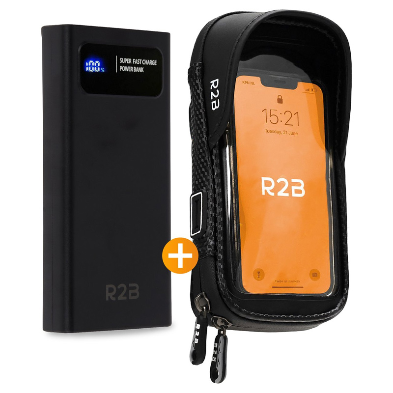 R2B Powerbank 10000 mAh Zwart + Telefoonhouder Fiets waterdicht