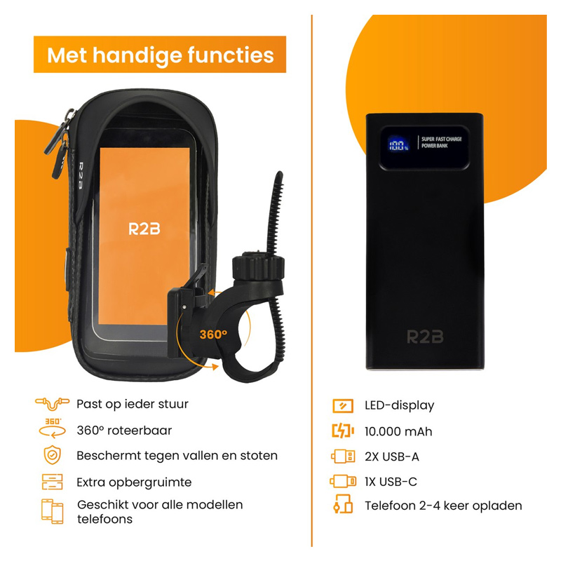 R2B Powerbank 10000 mAh Zwart + Telefoonhouder Fiets waterdicht - Afbeelding 3