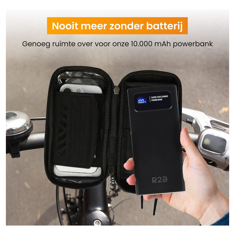 R2B Powerbank 10000 mAh Zwart + Telefoonhouder Fiets waterdicht - Afbeelding 4